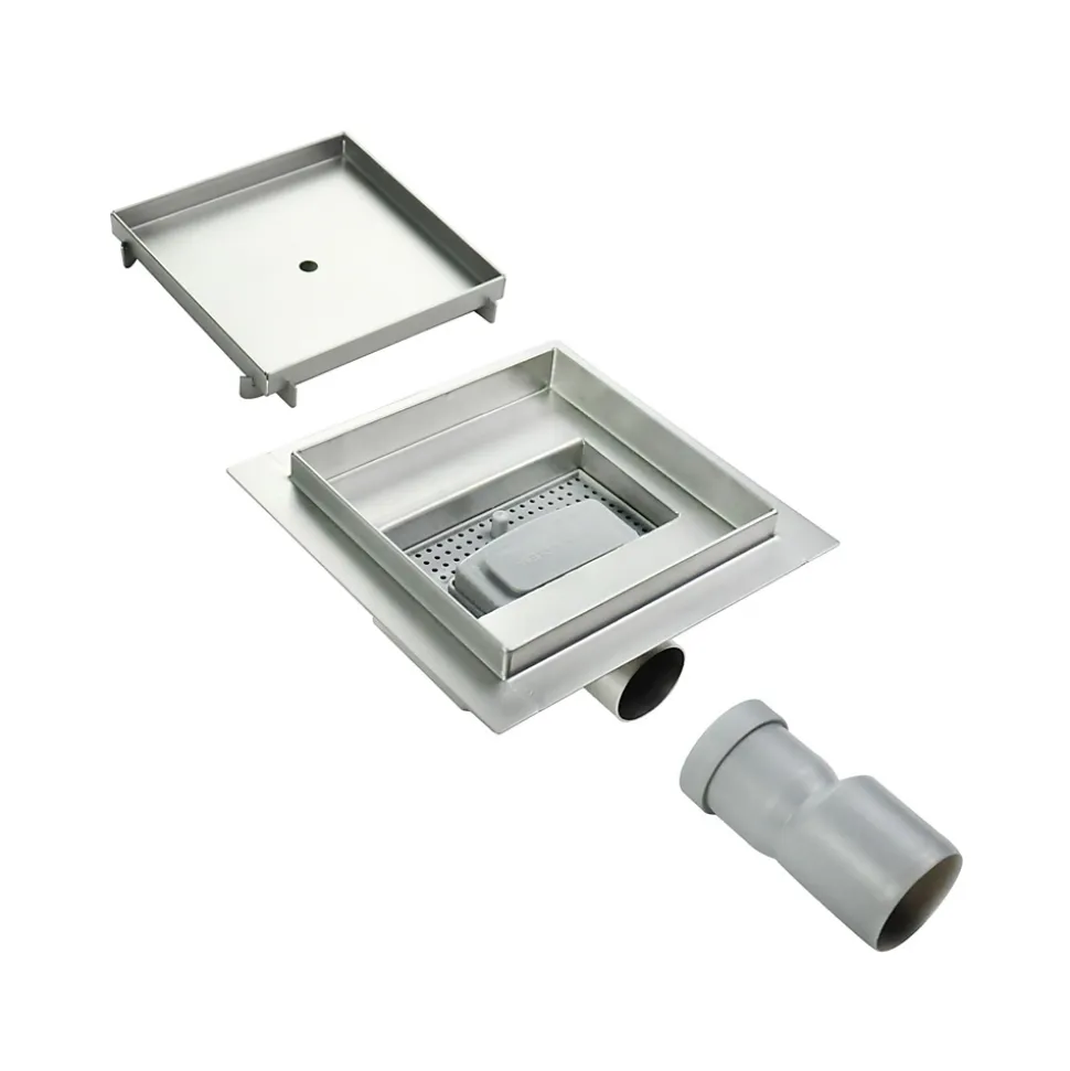 Caniveau de douche à carreler carré CIREA 20 x 20 cm, siphon anti-odeurs, drainage 36l/min, hauteur réglable SANIVERRE