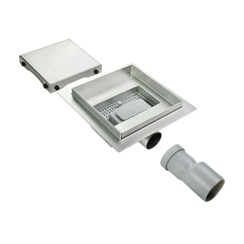 Caniveau de douche carré inox CARA 20 x 20 cm avec siphon anti-odeurs, drainage 36l/min, hauteur réglable SANIVERRE