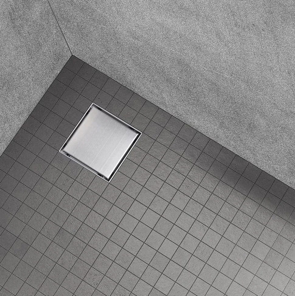 Caniveau de douche carré inox CARA 20 x 20 cm avec siphon anti-odeurs, drainage 36l/min, hauteur réglable SANIVERRE