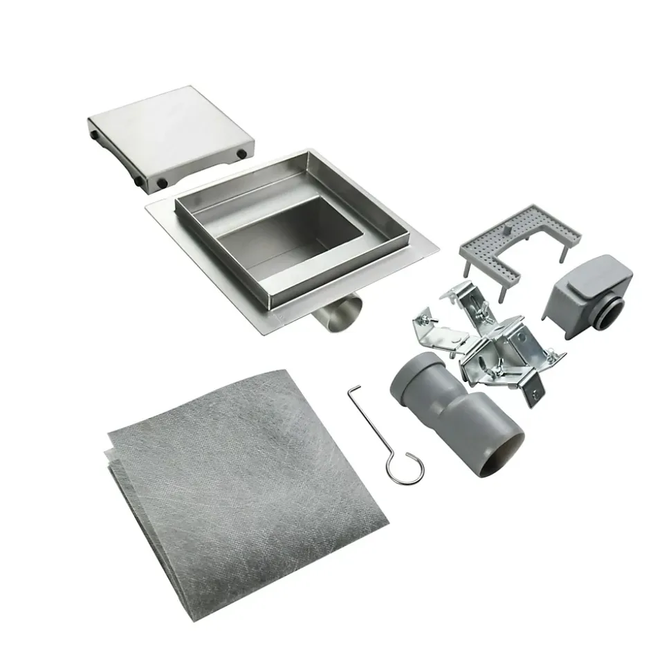 Caniveau de douche carré inox CARA 20 x 20 cm avec siphon anti-odeurs, drainage 36l/min, hauteur réglable SANIVERRE