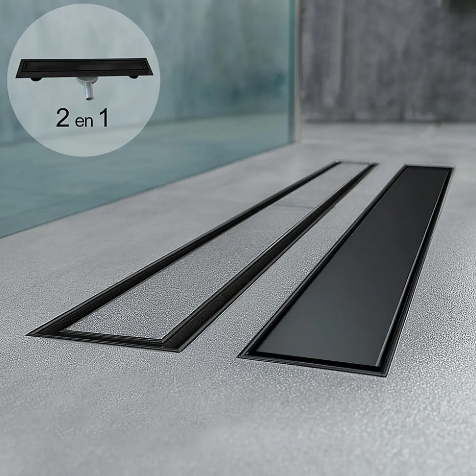 Caniveau de douche 2en1 VINY L.100 cm, réversible à carreler ou inox noir + siphon 360, drainage 36l/min - SANIVERRE
