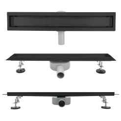 Caniveau de douche 2en1 VINY L.80 cm, réversible à carreler ou inox noir + siphon 360, drainage 36l/min - SANIVERRE