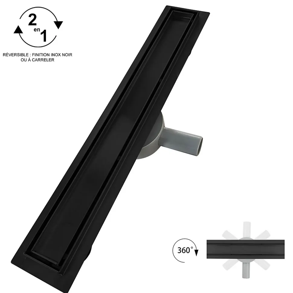 Caniveau de douche 2en1 VINY L.50 cm, réversible à carreler ou inox noir + siphon 360, drainage 36l/min - SANIVERRE