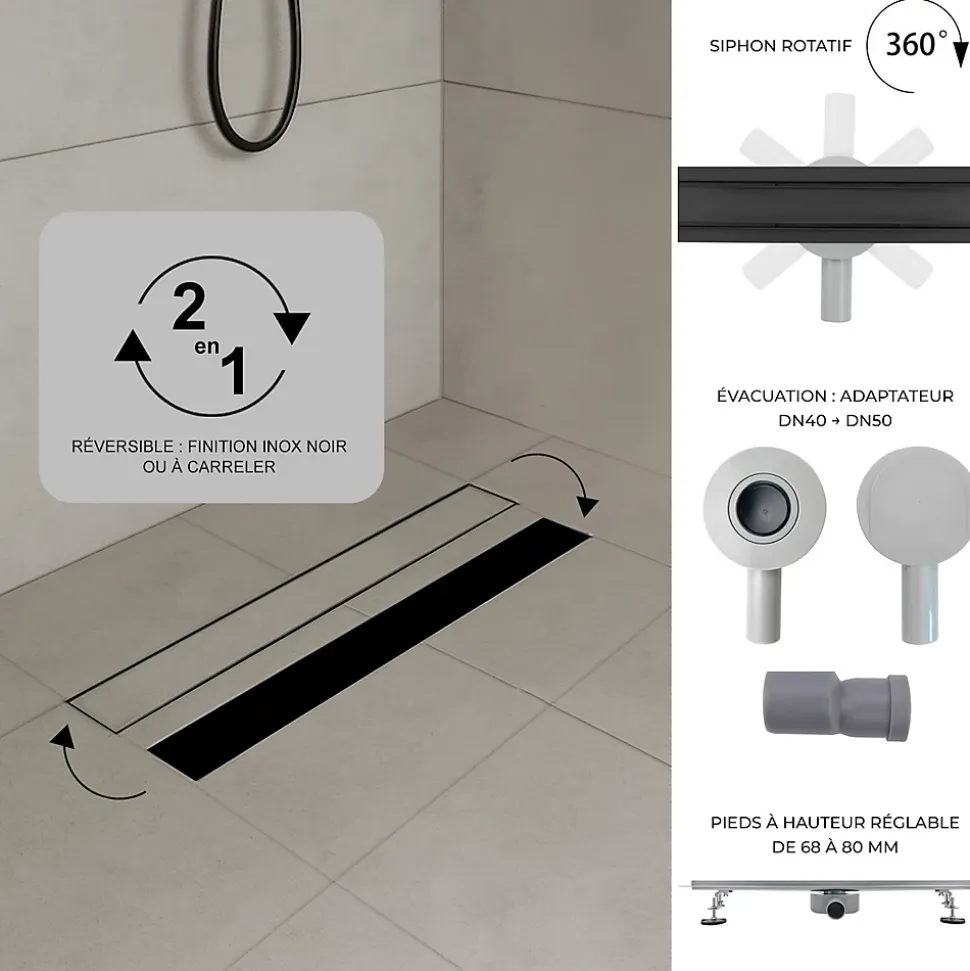 Caniveau de douche 2en1 VINY L.50 cm, réversible à carreler ou inox noir + siphon 360, drainage 36l/min - SANIVERRE
