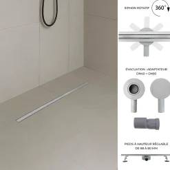 Caniveau de douche italienne étroit TIKA L.70 cm acier inoxydable avec siphon 360, drainage 36l/min SANIVERRE