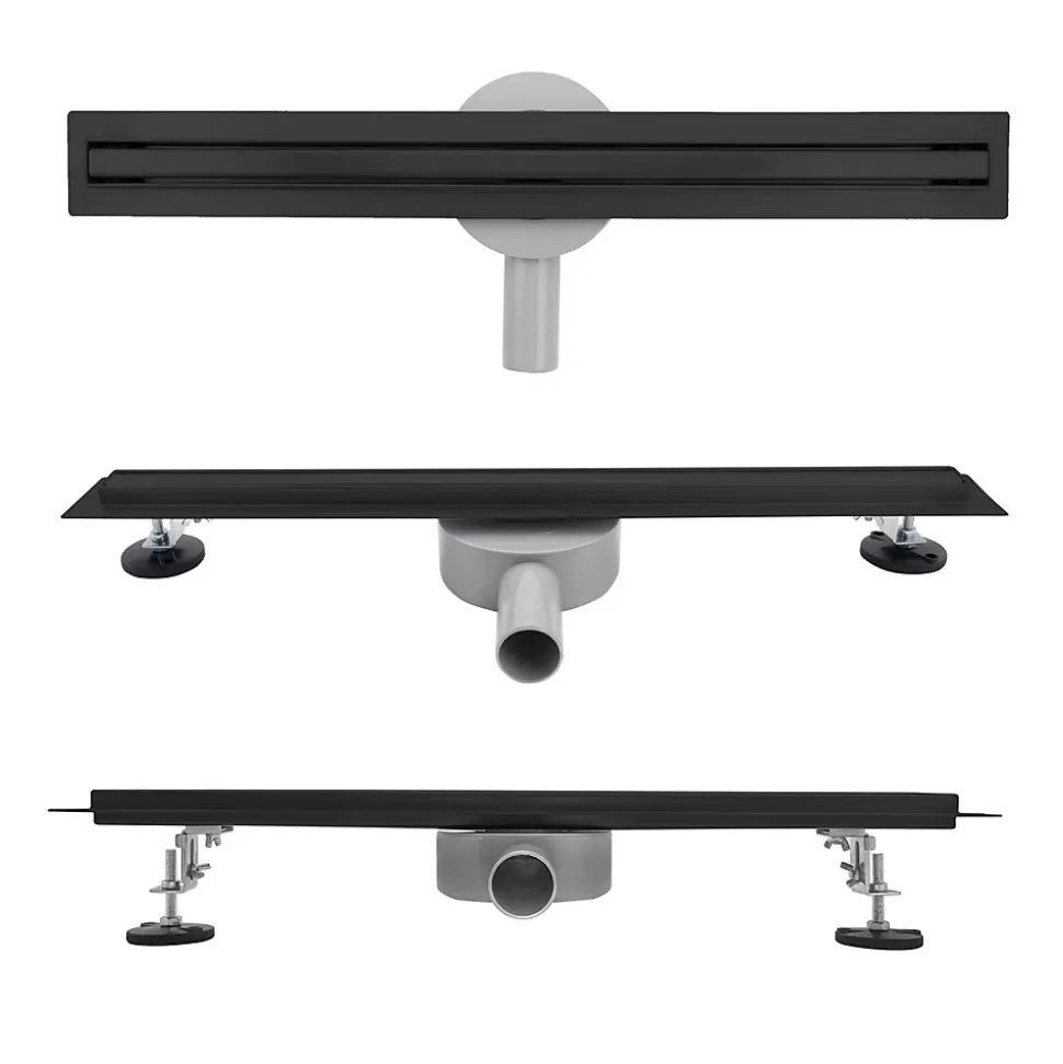 Caniveau de douche italienne étroit noir SAMY L.50 cm siphon 360, drainage 36l/min, hauteur réglable SANIVERRE