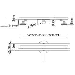 Caniveau de douche italienne étroit noir SAMY L.50 cm siphon 360, drainage 36l/min, hauteur réglable SANIVERRE