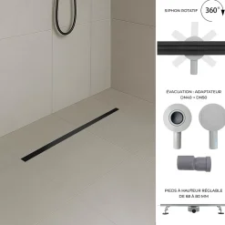 Caniveau de douche italienne étroit noir SAMY L.50 cm siphon 360, drainage 36l/min, hauteur réglable SANIVERRE