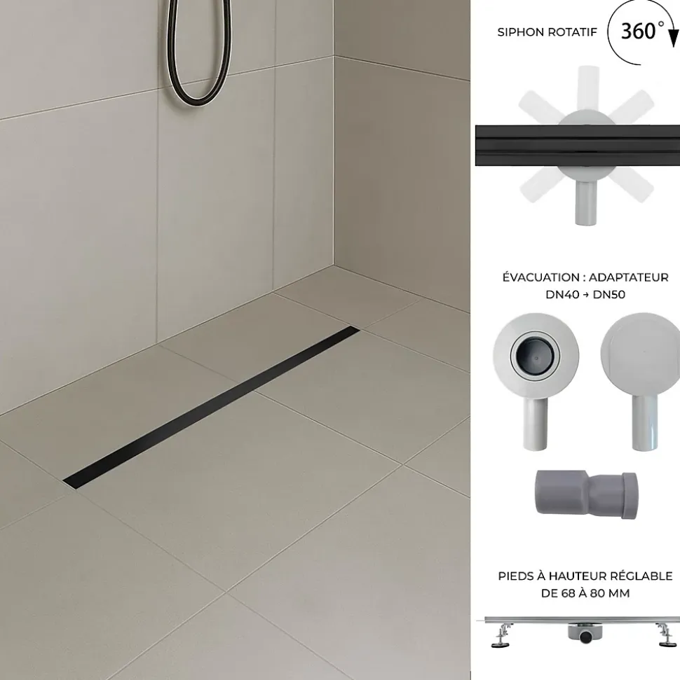 Caniveau de douche italienne étroit noir SAMY L.50 cm siphon 360, drainage 36l/min, hauteur réglable SANIVERRE
