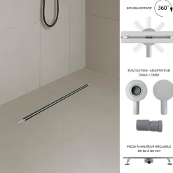 Caniveau de douche italienne slim DEKI L.80 cm acier inoxydable avec siphon 360, drainage performant SANIVERRE