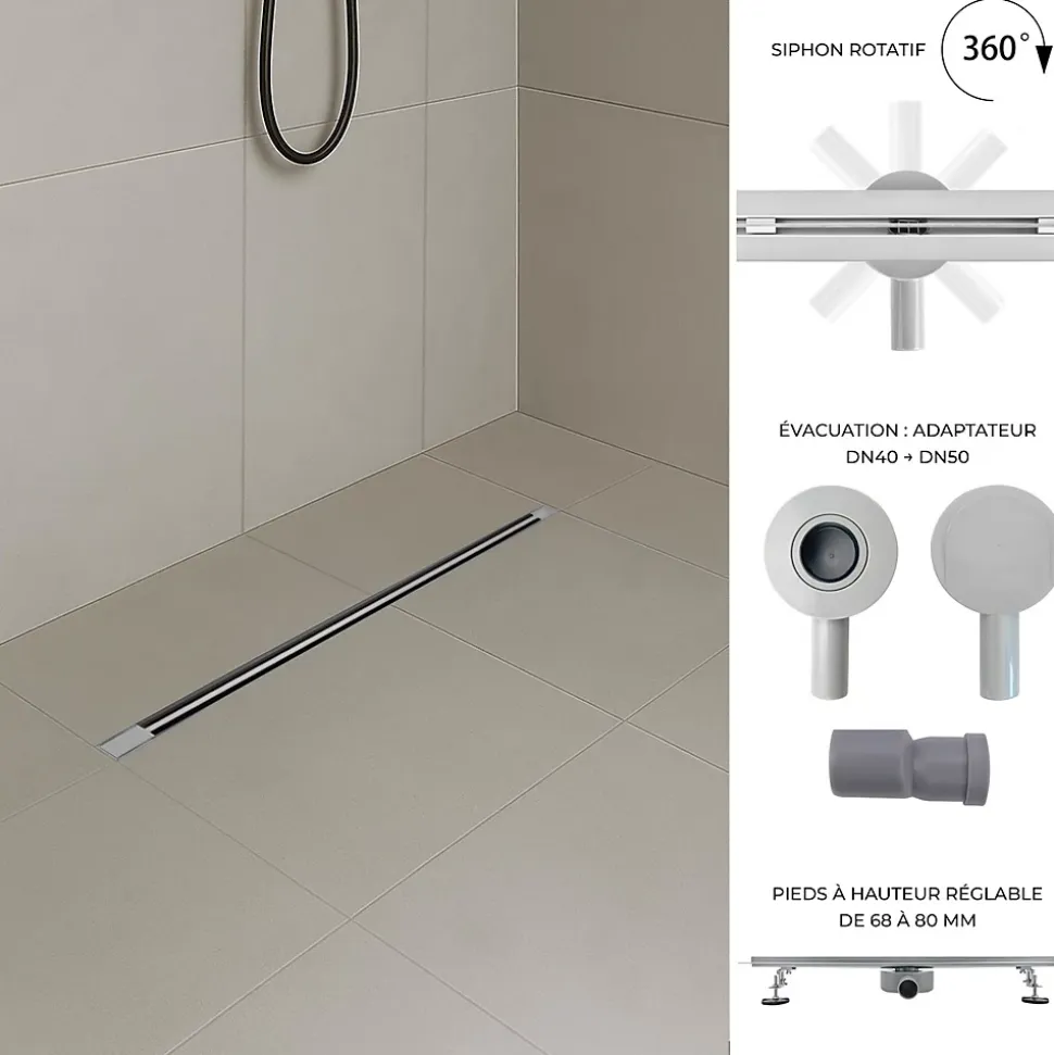 Caniveau de douche italienne slim DEKI L.80 cm acier inoxydable avec siphon 360, drainage performant SANIVERRE