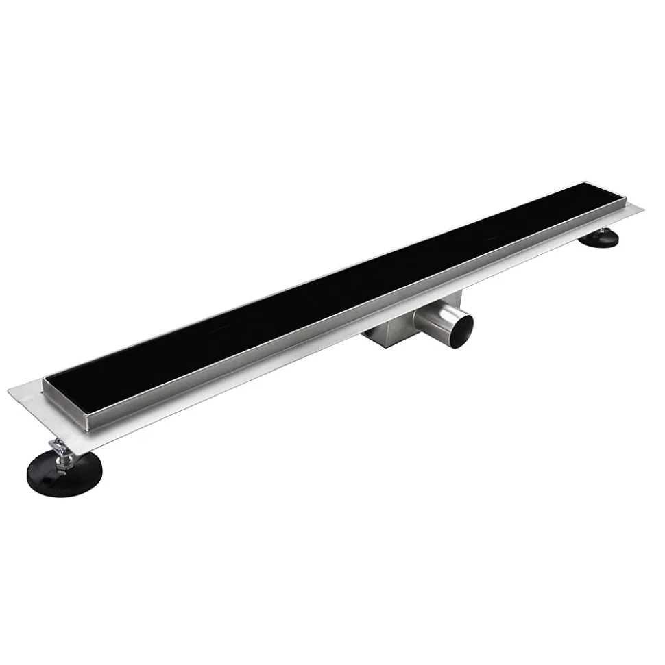 Caniveau de douche KODY L.70 cm verre noir et inox, siphon anti-odeurs, drainage performant -SANIVERRE