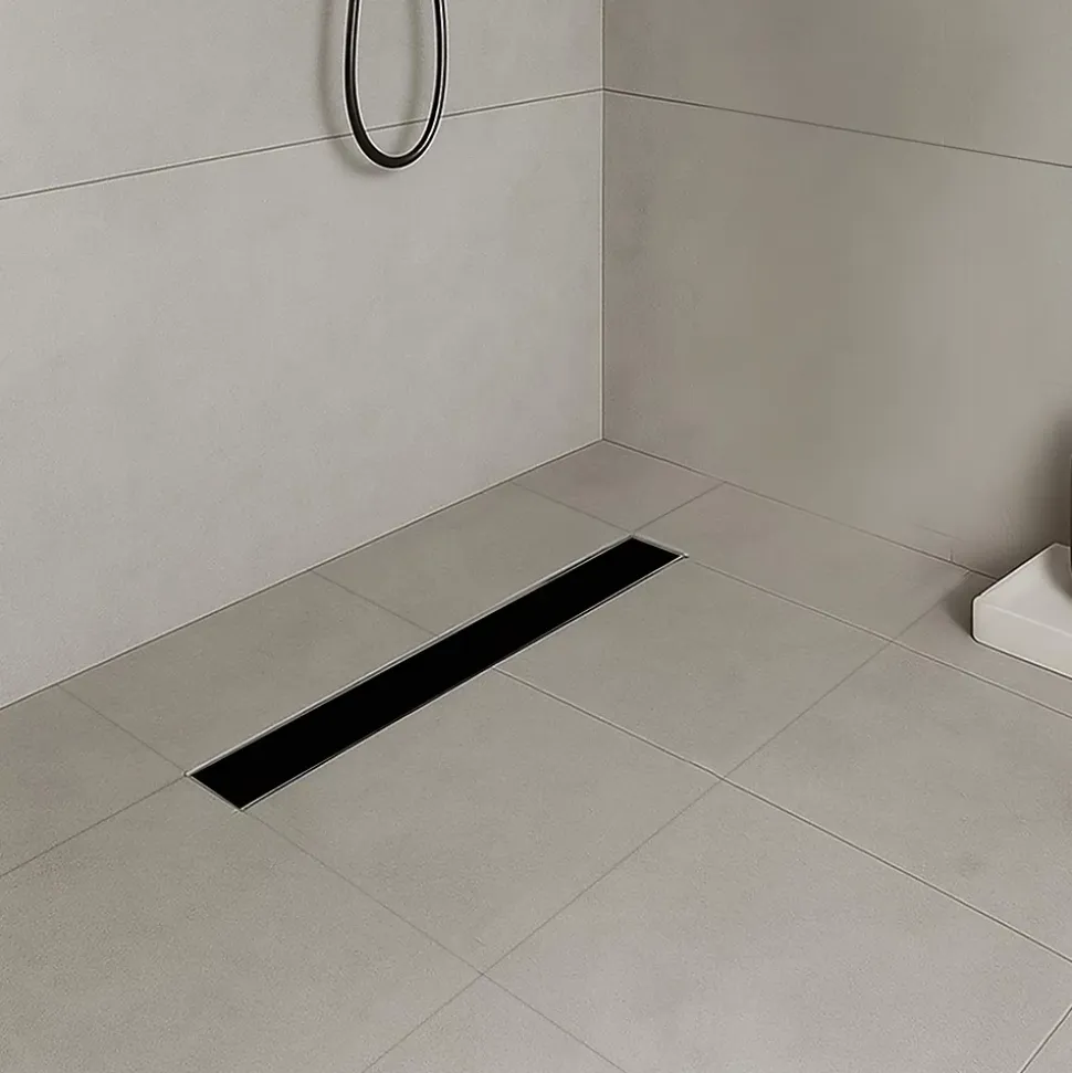Caniveau de douche KODY L.60 cm verre noir et inox, siphon anti-odeurs, drainage performant -SANIVERRE