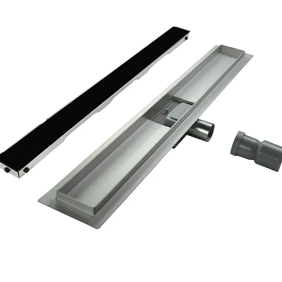 Caniveau de douche KODY L.60 cm verre noir et inox, siphon anti-odeurs, drainage performant -SANIVERRE