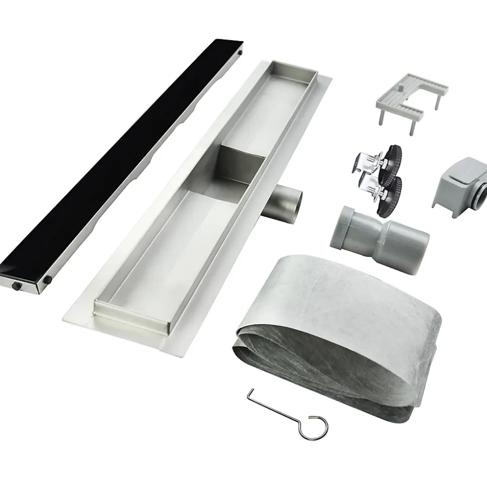 Caniveau de douche KODY L.60 cm verre noir et inox, siphon anti-odeurs, drainage performant -SANIVERRE