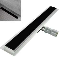Caniveau de douche KODY L.60 cm verre noir et inox, siphon anti-odeurs, drainage performant -SANIVERRE
