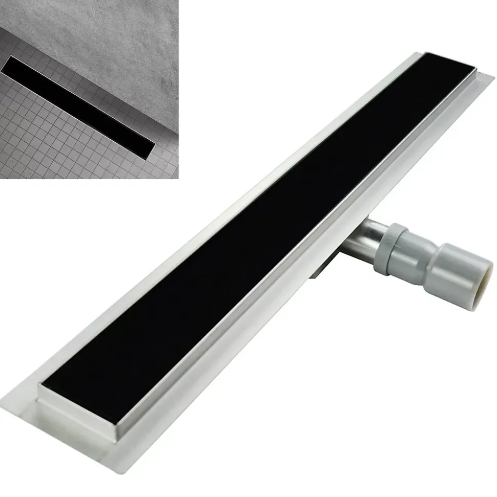 Caniveau de douche KODY L.60 cm verre noir et inox, siphon anti-odeurs, drainage performant -SANIVERRE