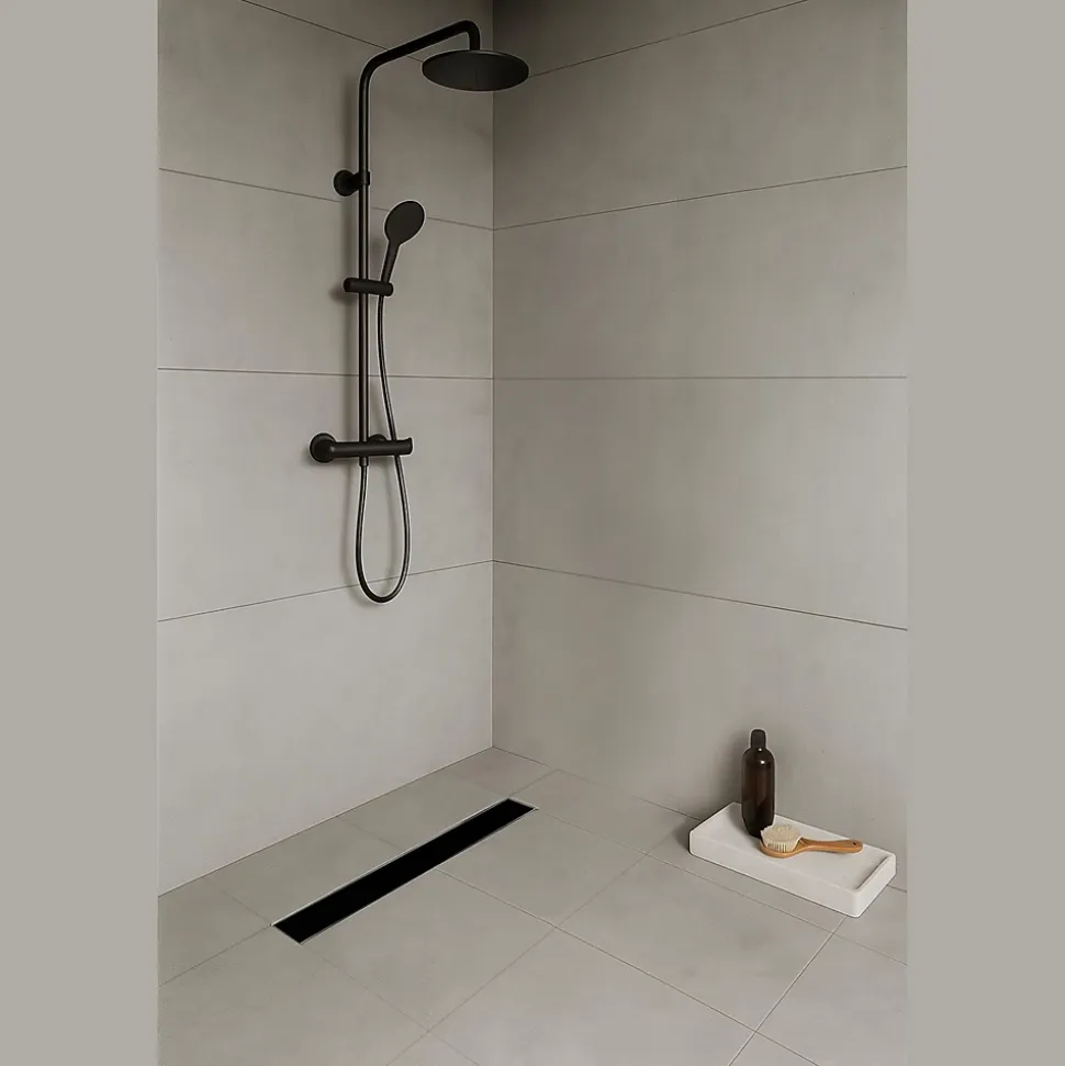 Caniveau de douche KODY L.60 cm verre noir et inox, siphon anti-odeurs, drainage performant -SANIVERRE