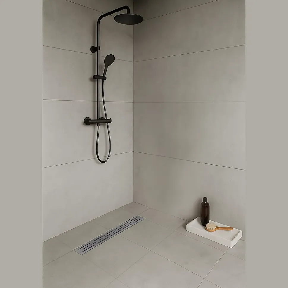 Caniveau de douche L.120 cm JAZY design linéaire, inox, anti-odeurs, drainage élevé - SANIVERRE