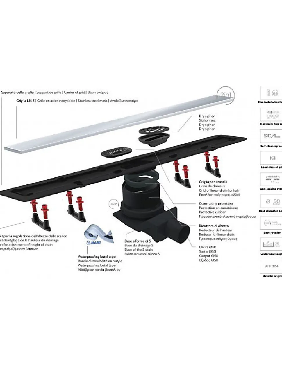 Caniveau de douche sans cadre en or plaqué 24 carats FRAMELESS LINE-55 cm--