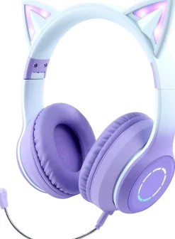 Casque Bluetooth sans Fil Pliable d'oreille de Chat avec Micro intégré violet blanc