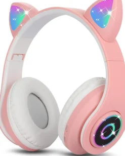Casque Bluetooth sans Fil Pliable d'oreille de Chat avec Micro intégré rose blanc