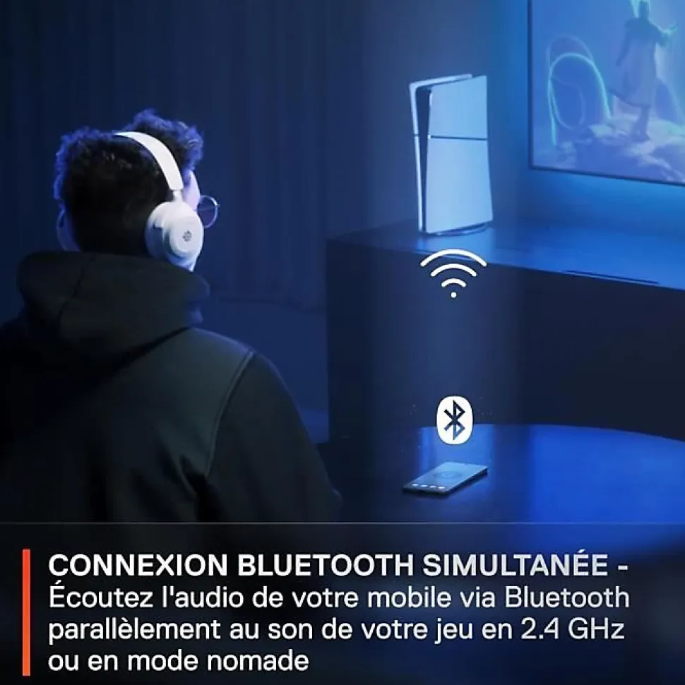 Casque Micro Gaming sans fil SteelSeries Arctis Nova 7P pour PS PC Mac Nintendo Switch Oculus Quest 2 et Android Blanc