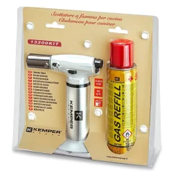 Chalumeau de cuisine à gaz Toutes positions 360 degrés + Cartouche de gaz 160ml Allumage piézo Flamme réglable KEMPER