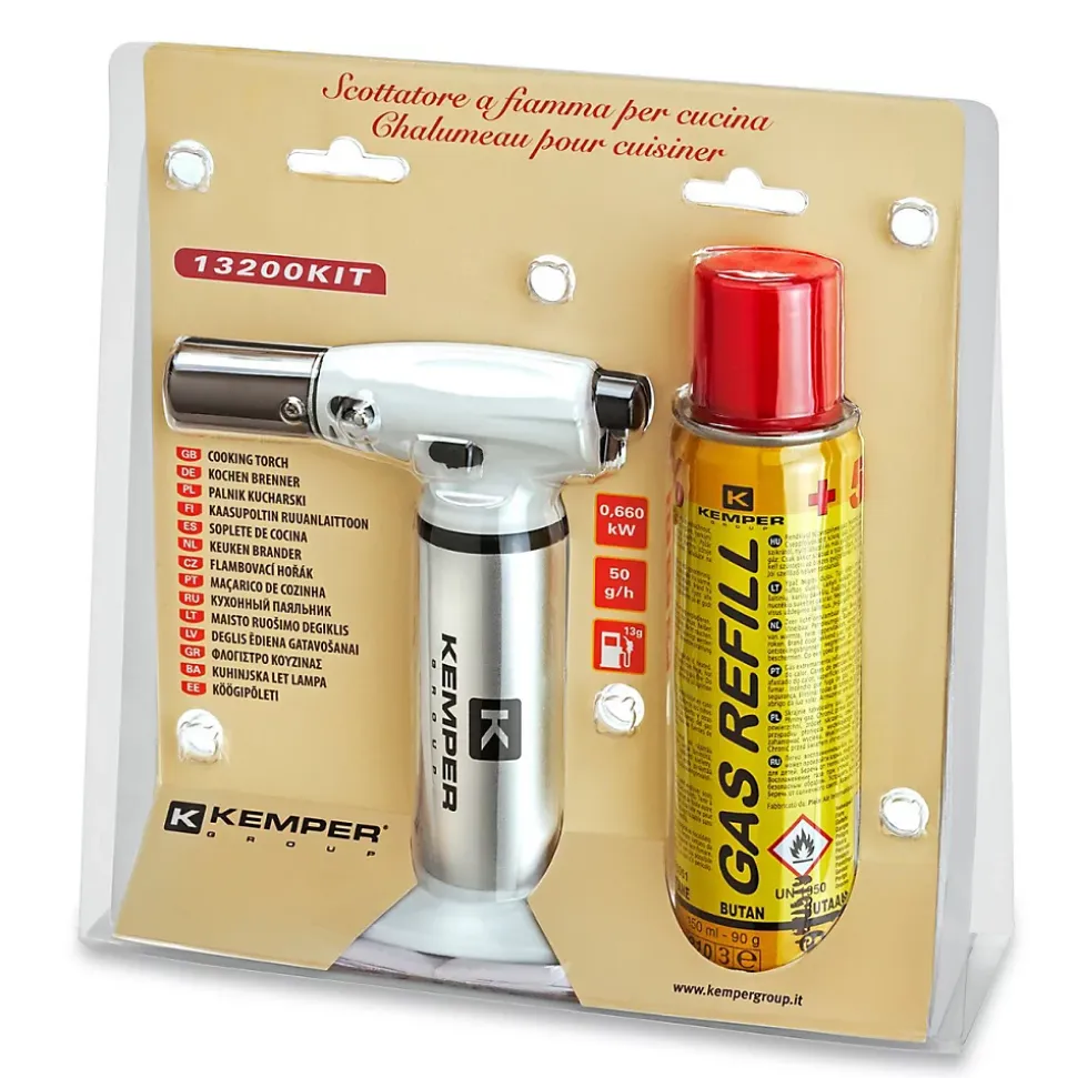Chalumeau de cuisine à gaz Toutes positions 360 degrés + Cartouche de gaz 160ml Allumage piézo Flamme réglable KEMPER