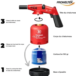Chalumeau gaz 1.7kW Allumage piezo + 8 Cartouches gaz PROWELTEK