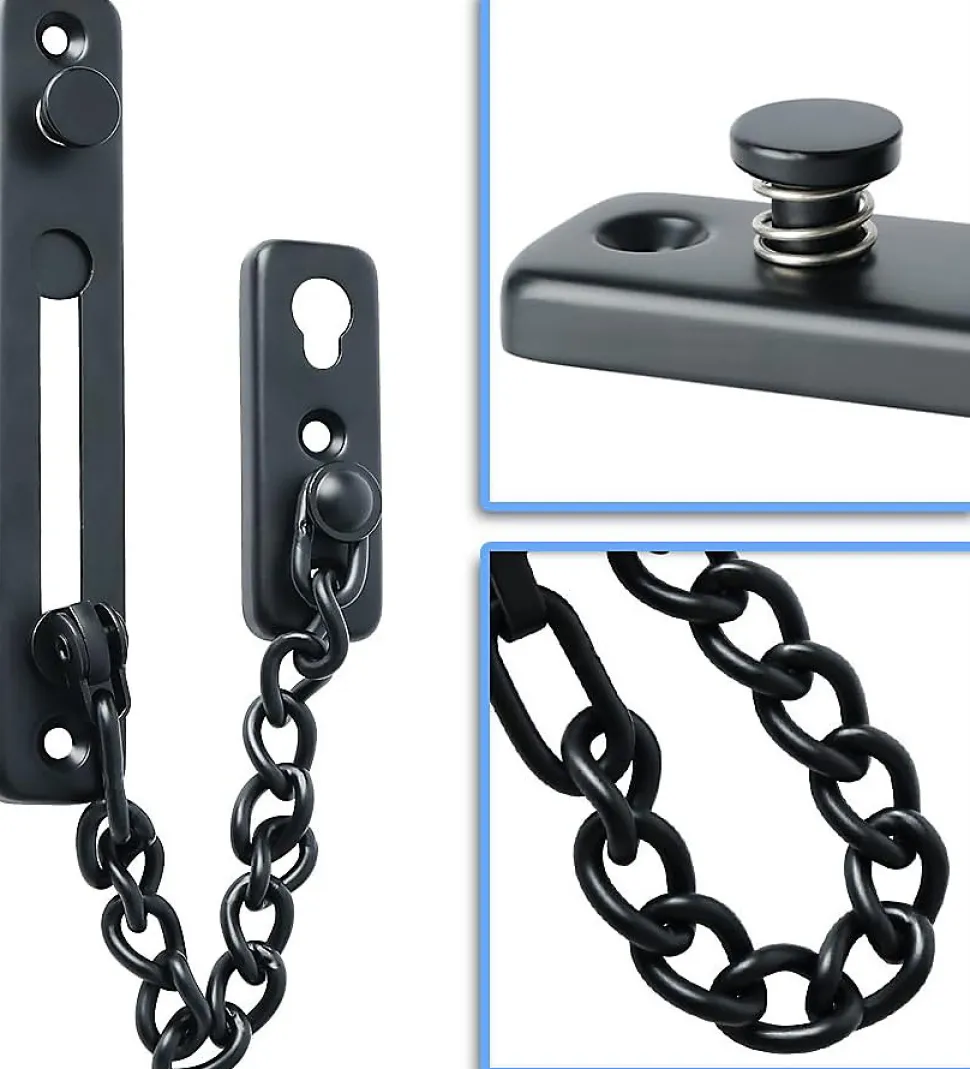 Chaîne de sécurité pour porte étroite, butée de porte à ressort, antivol, avec vis, acier inoxydable, finition noir mat