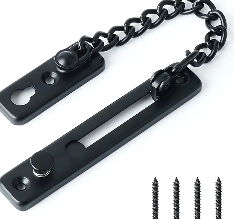 Chaîne de sécurité pour porte étroite, butée de porte à ressort, antivol, avec vis, acier inoxydable, finition noir mat