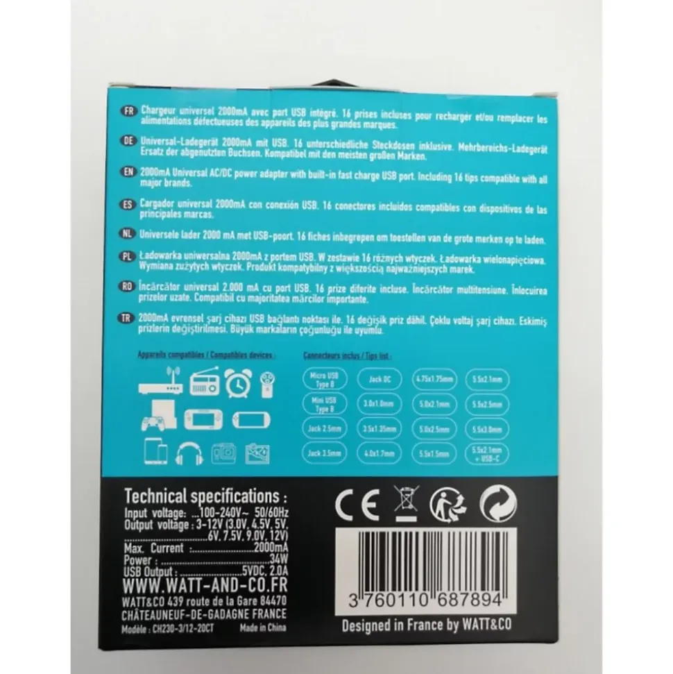 Chargeur universel Watt&Co 2000mA 16 connecteurs + USB
