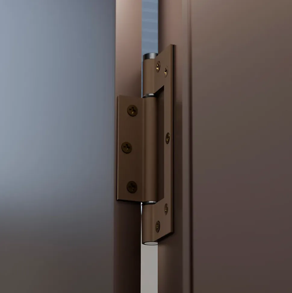 Charnière simple action à ressort, 150X30 mm, aluminium anodisée bronze posée totalement en applique, a lame centrée.