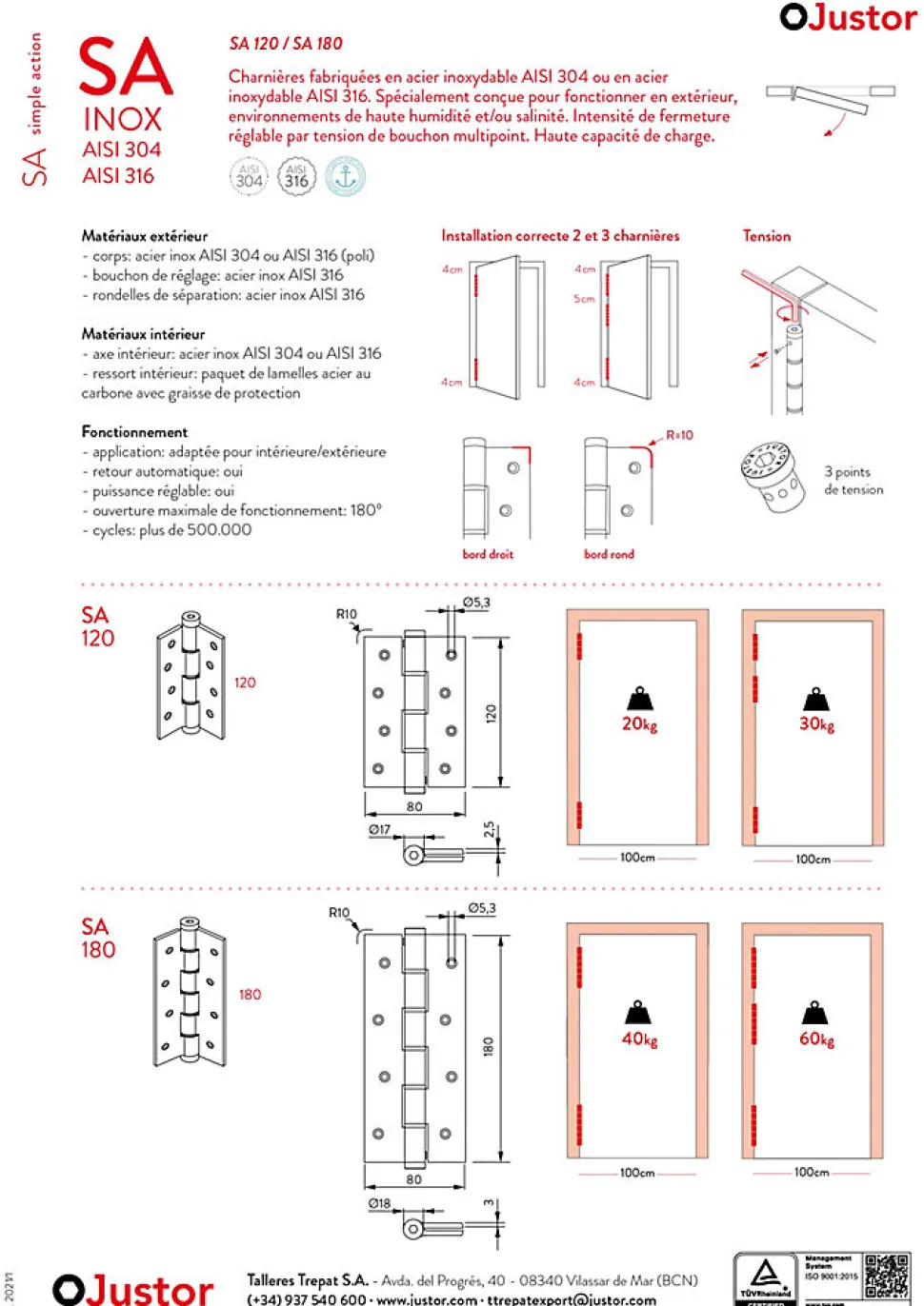 Charnière simple action à ressort, 180X40 mm, en acier inox 316, pour porte de 40 mm