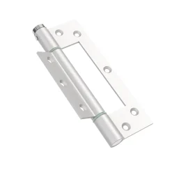 Charnière simple action à ressort, 150X40 mm, en aluminium anodisée argent posée totalement en applique, a lame centrée.