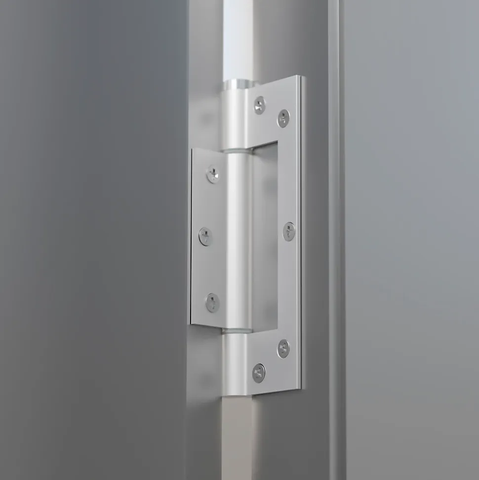 Charnière simple action à ressort, 150X30 mm, aluminium anodisée argent posée totalement en applique, a lame centrée.