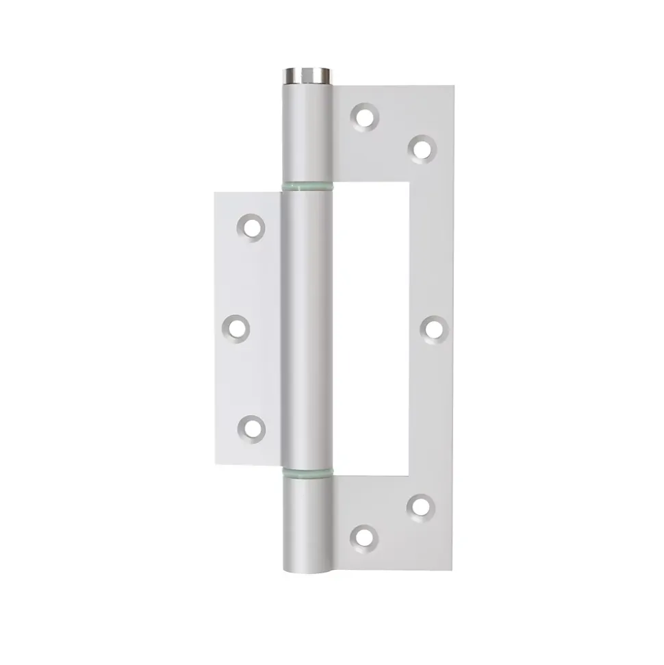Charnière simple action à ressort, 150X30 mm, aluminium anodisée argent posée totalement en applique, a lame centrée.