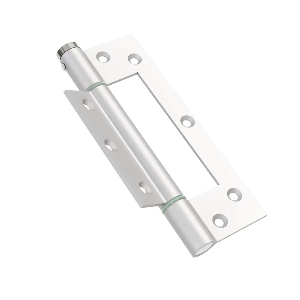 Charnière simple action à ressort, 150X30 mm, aluminium anodisée argent posée totalement en applique, a lame centrée.