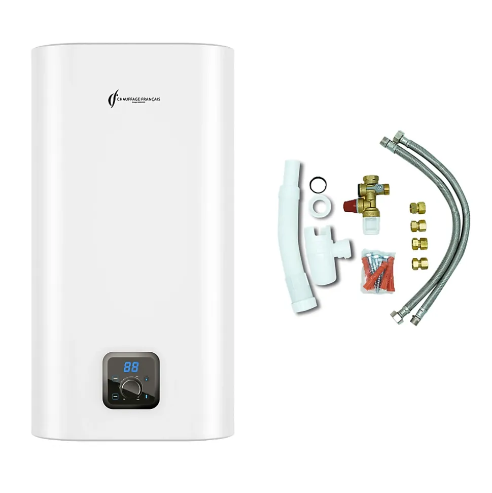 Chauffe Eau Electrique Plat Mural Multipositions Kimoro Sannover 80 Litres + Kit d'Installation Complet NF