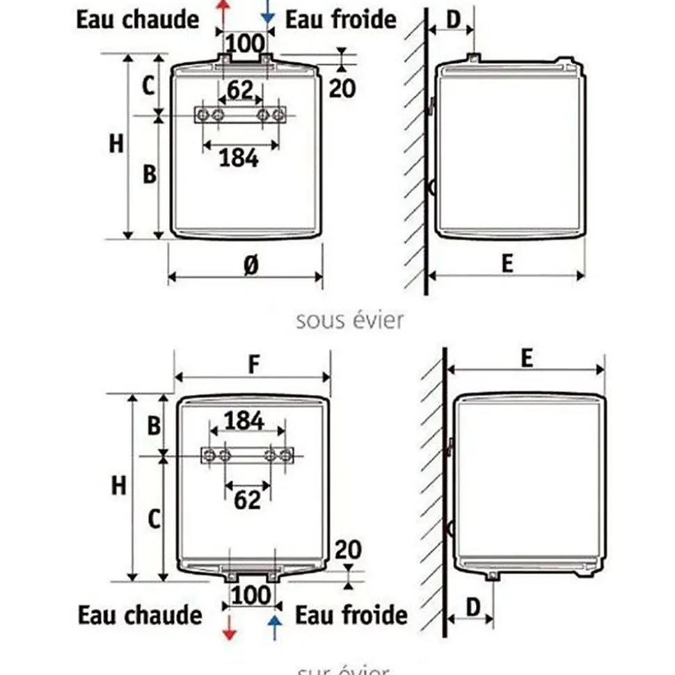 Chauffe-eau vertical 2000 W - Petite capacité - Fixation murale sous évier - Atlantic
