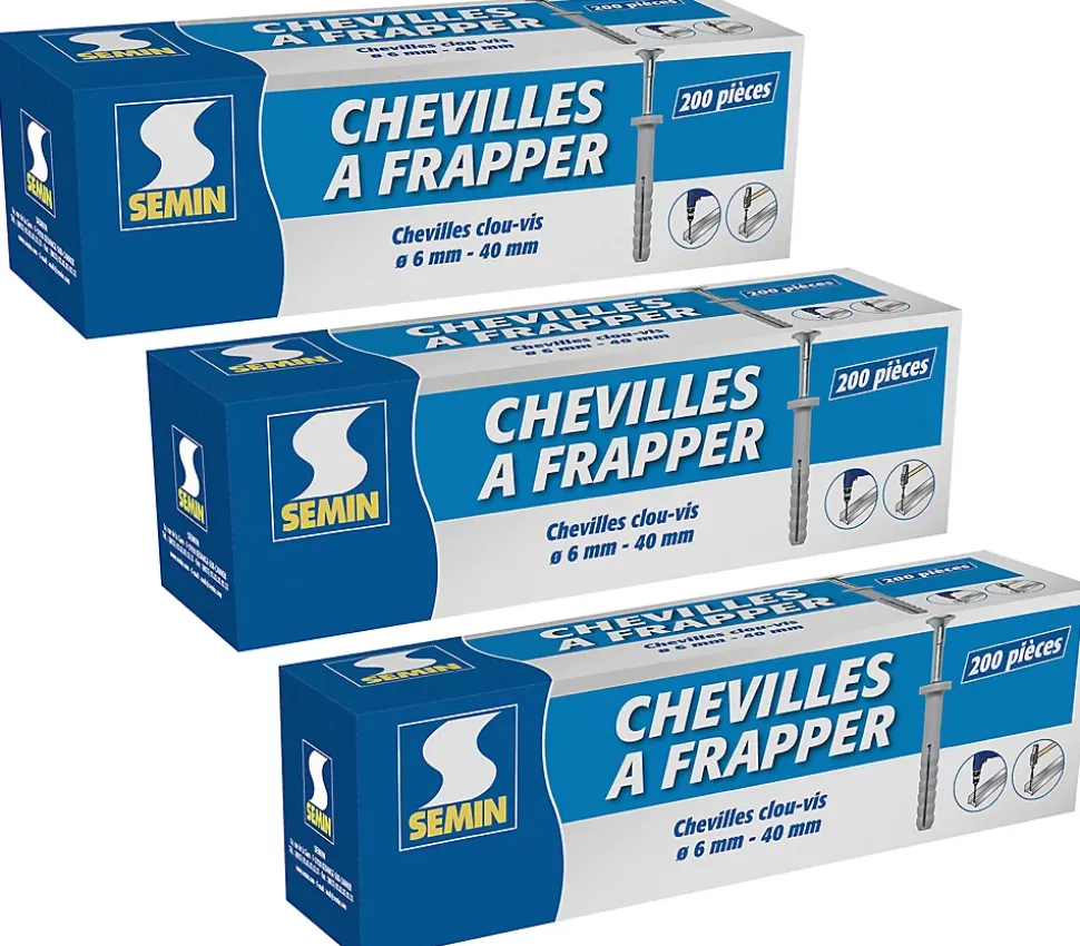 Cheville Clous Vis à Frapper Semin, 6 x 40 mm, Boite de 200 (lot de 3)
