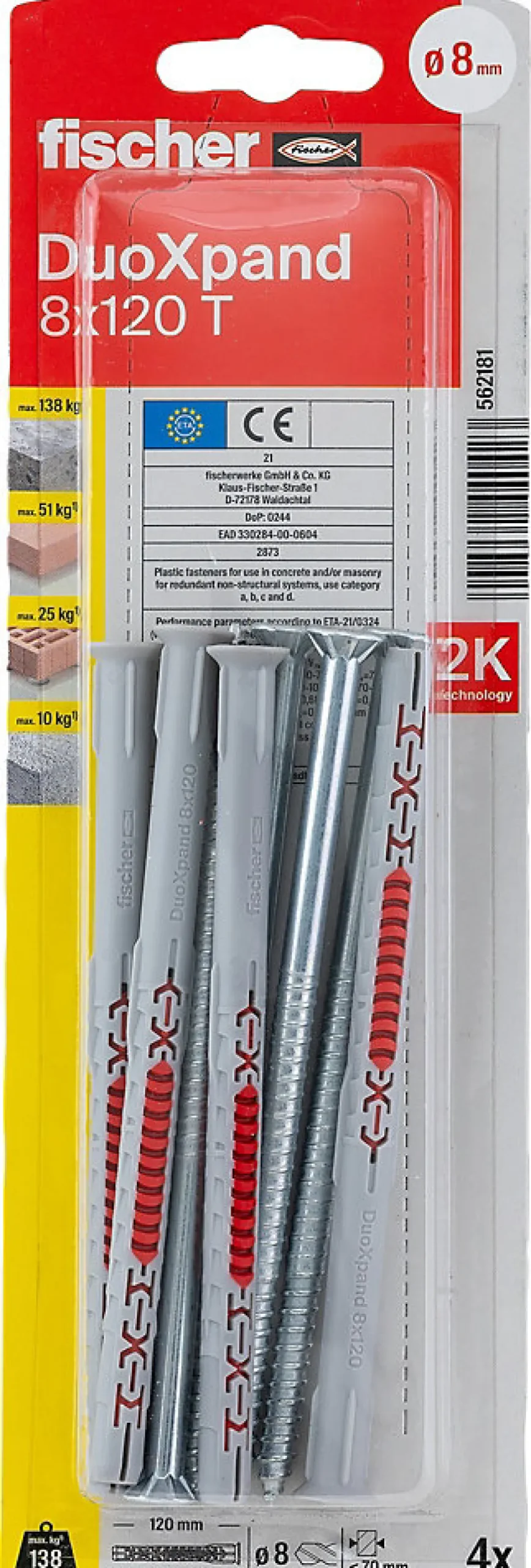 Cheville rallongée Fischer DuoXpand 8 x 120 mm, 4 pièces