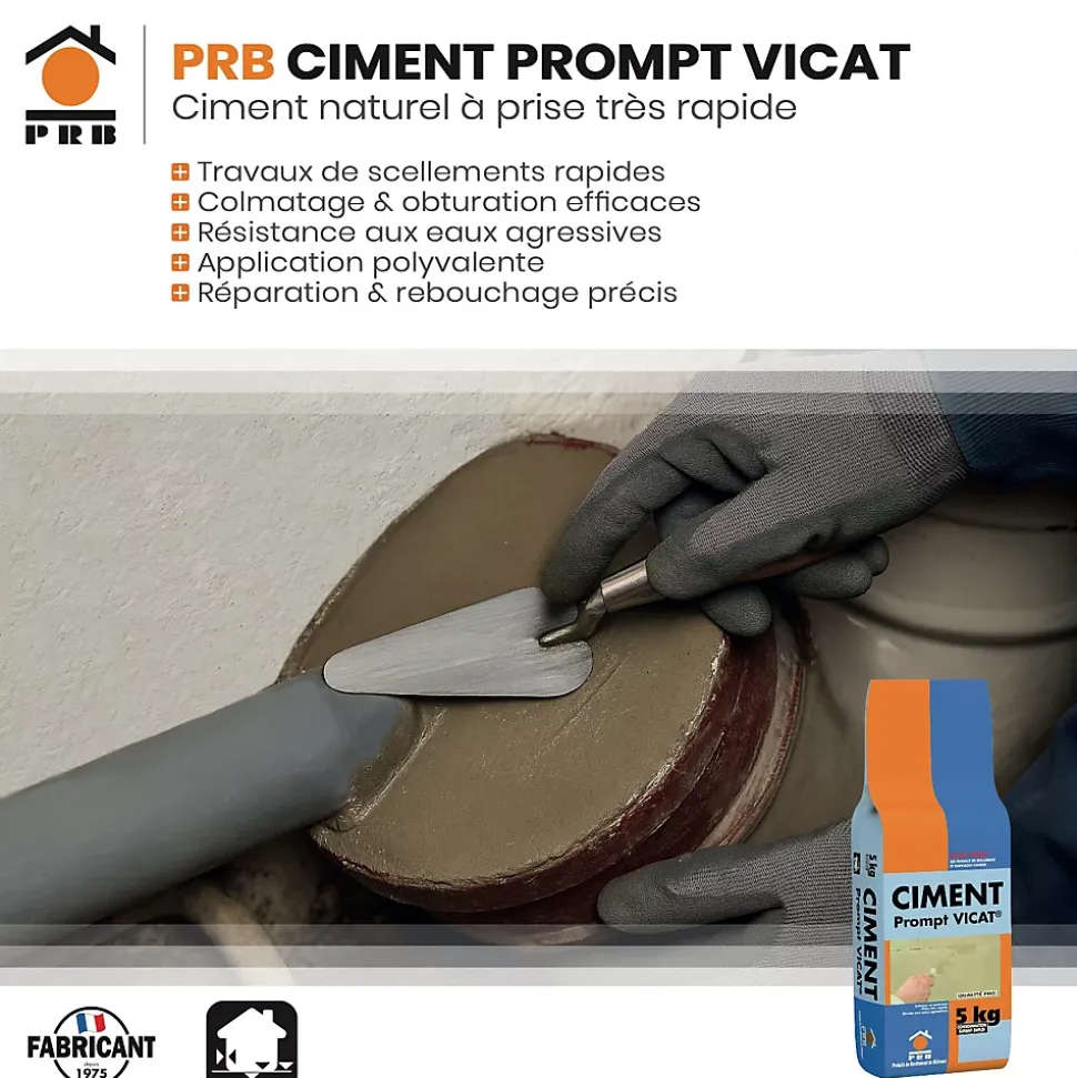 Ciment Prompt Naturel Vicat 5kg - Prise Ultra-Rapide, Haute Résistance Initiale - Idéal pour Réparations Express, Maçonnerie,