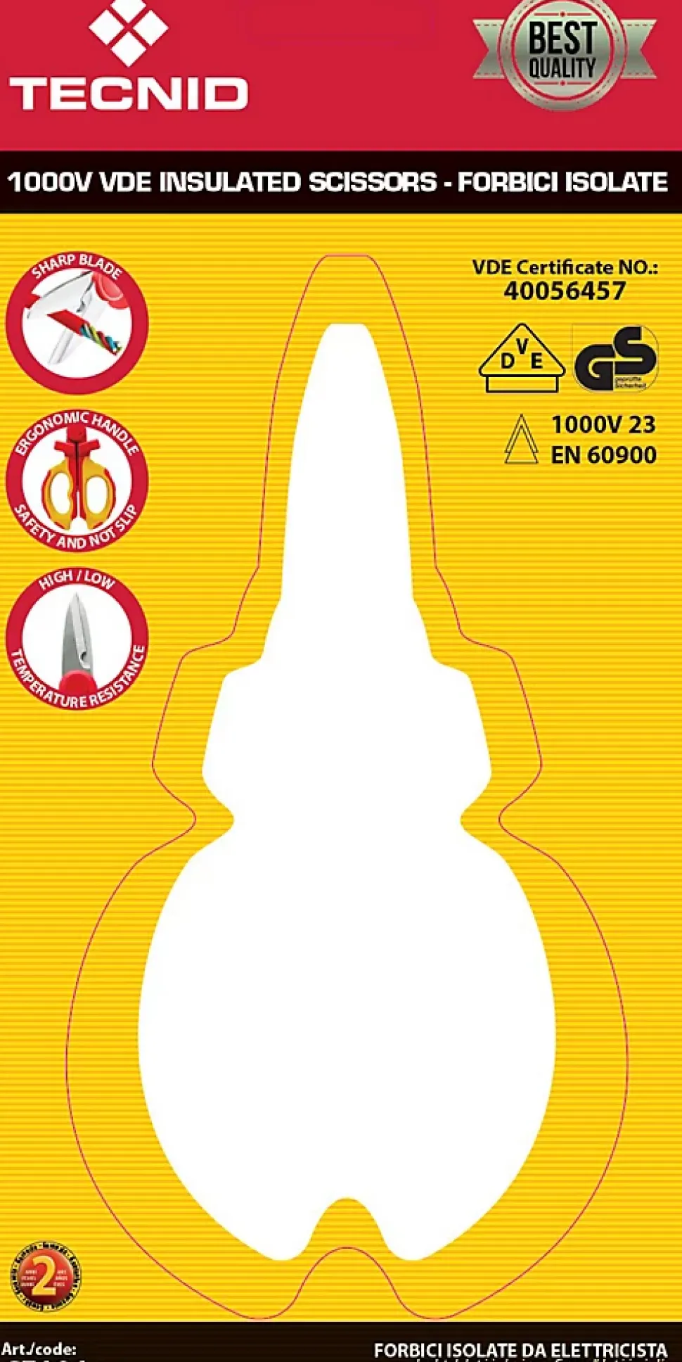 Ciseaux d'électricien isolés, 1000V. rouge et jaune