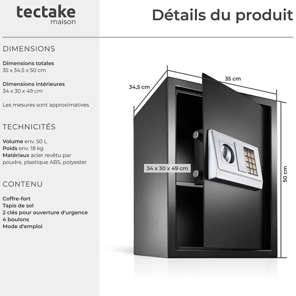 Coffre-fort électronique en acier 50 x 35 x 34,5 cm fer noir
