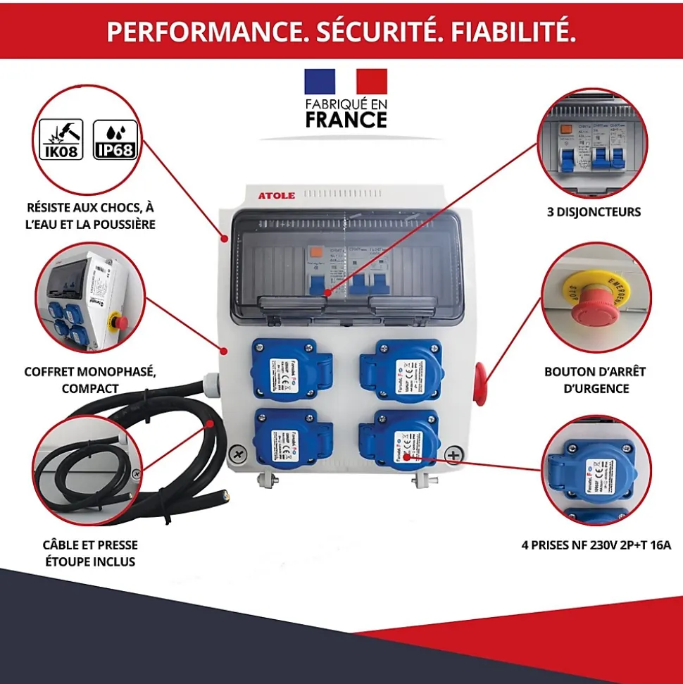 Coffret de Chantier Monophasé 230V ATOLE - 4 Prises NF 2P+T - 16A - 9 Modules - Coffret Électrique avec câble