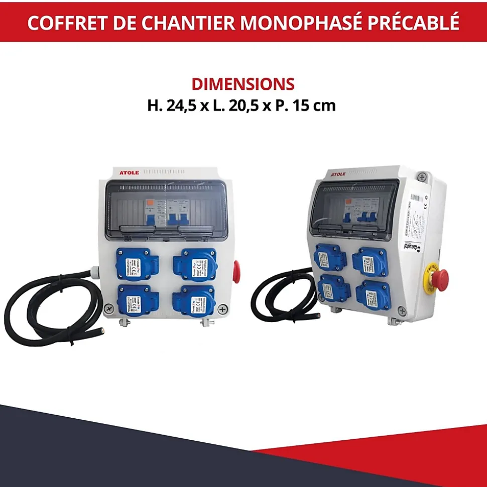 Coffret de Chantier Monophasé 230V ATOLE - 4 Prises NF 2P+T - 16A - 9 Modules - Coffret Électrique avec câble