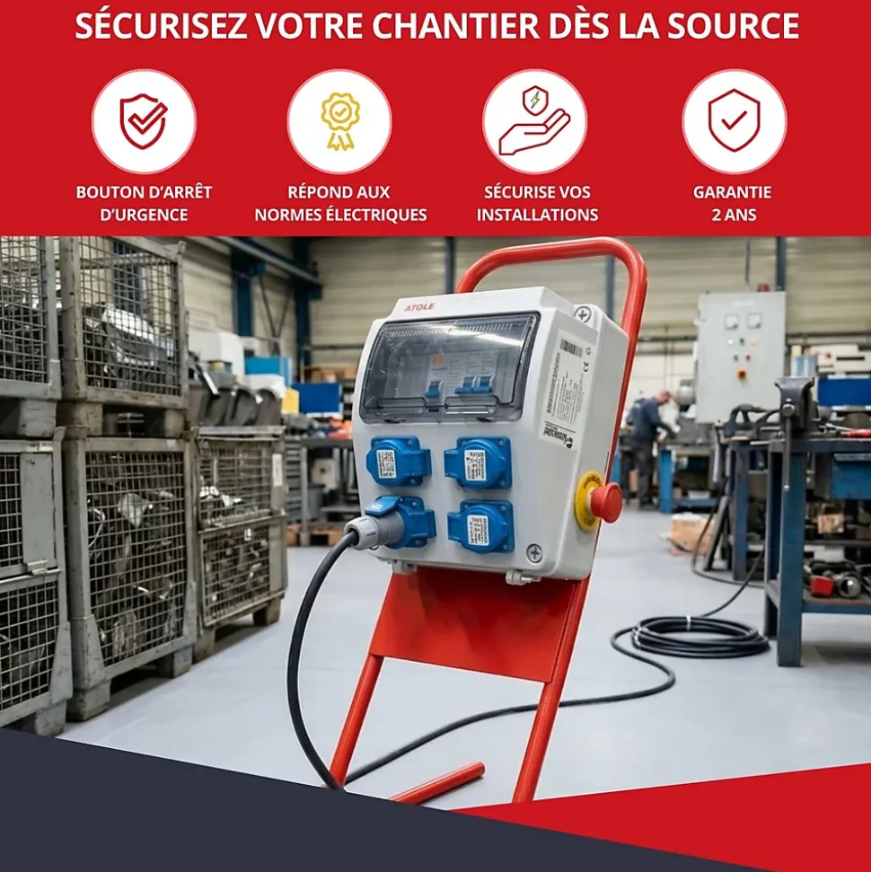 Coffret de Chantier Monophasé 230V ATOLE - 4 Prises NF 2P+T - 16A - 9 Modules - Coffret Électrique avec câble