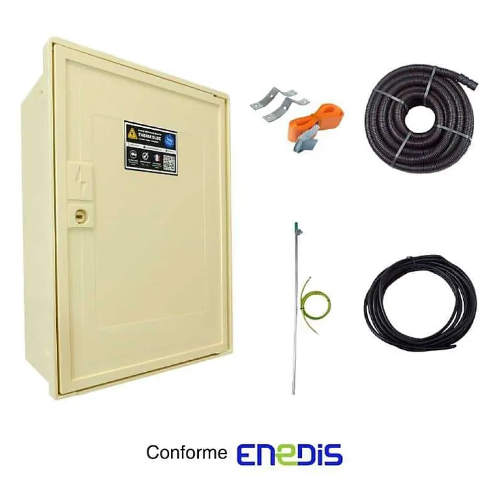 Coffret de chantier monophasé 12 kW - pack complet raccordement aérien 15 mètres conforme ENEDIS avec bornier IP2X